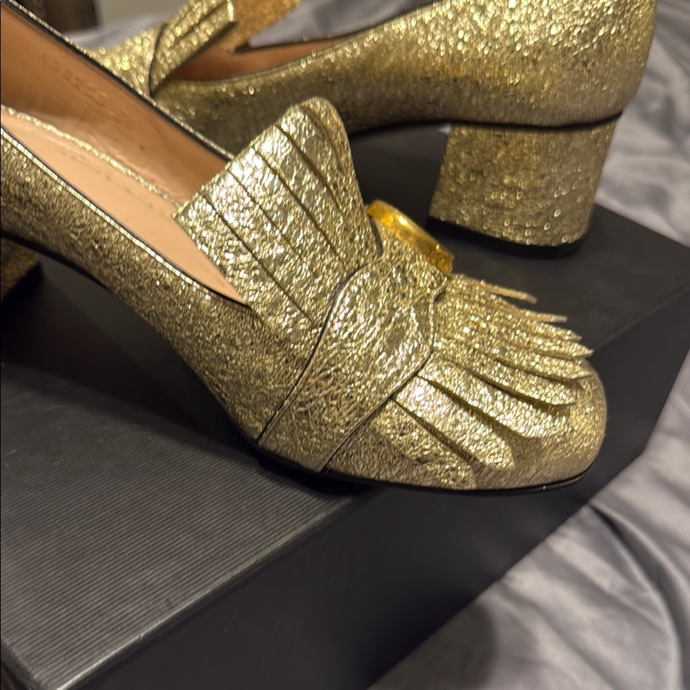 Gucci Gold Metallic Heels with Fringe Detail - Picture 7 of 10